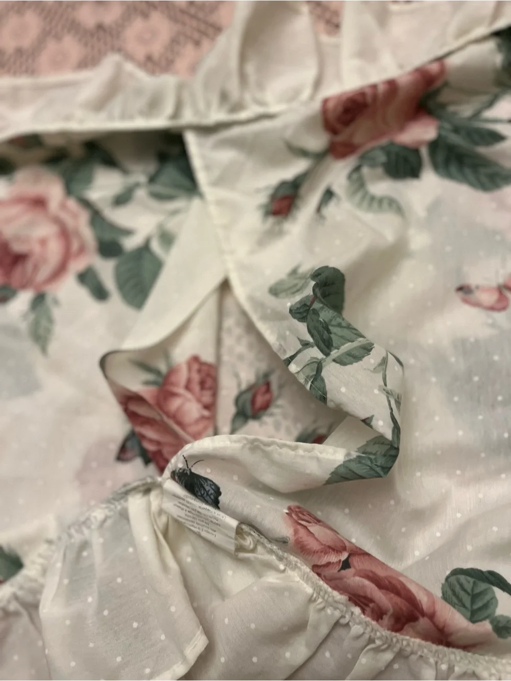 Cream Floral Rose Ruffle Pillowsham with Butterflies